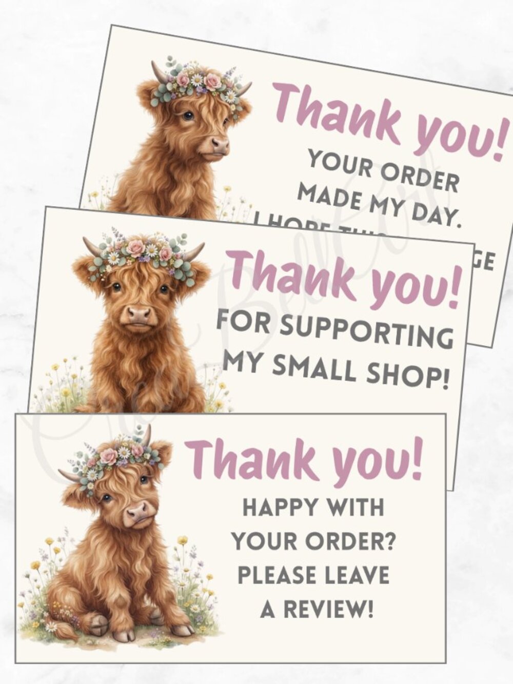 60 Highland Cow Thank You Cards | Business Card Size
